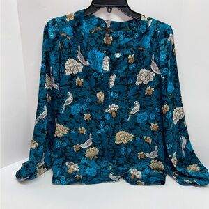Ann Taylor Blouse Women’s Size Medium Vibrant Teal Blue Black Floral Shirt